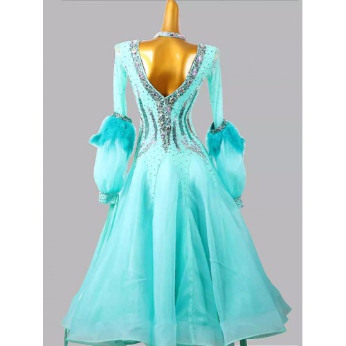 Customized size lake blue turquoise competition ballroom dance dresses for women girls adult rhinestones professional feather tango foxtrot smooth rhythm dancing long gown